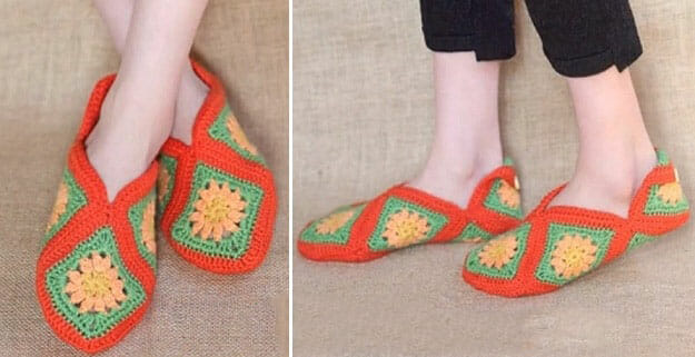 Patrón de crochet de pantuflas y patucos cuadrados de abuela