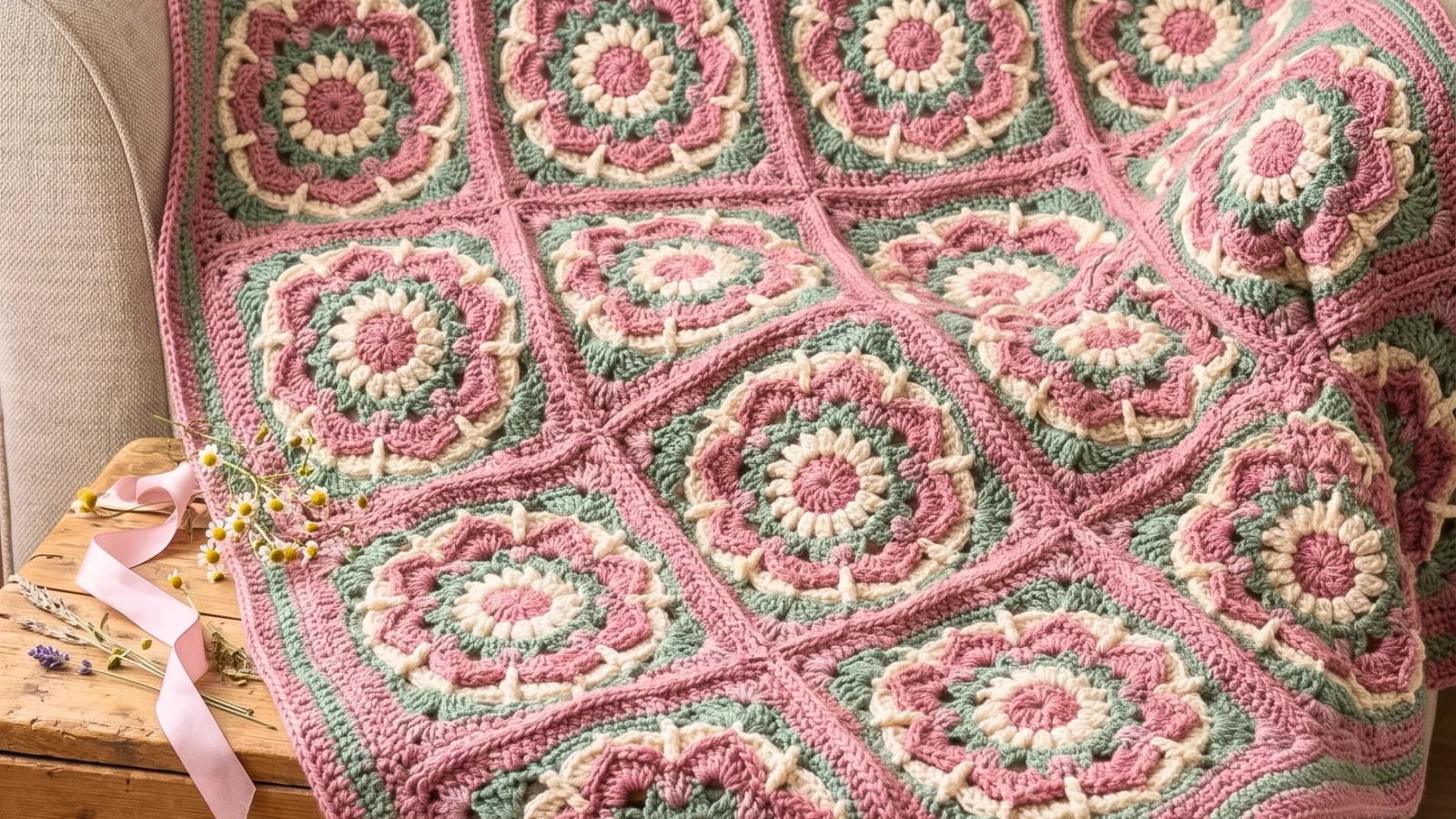 Teje la Manta de Motivos Florales 3D (Patrón Gratis) 🌸🛋️✨