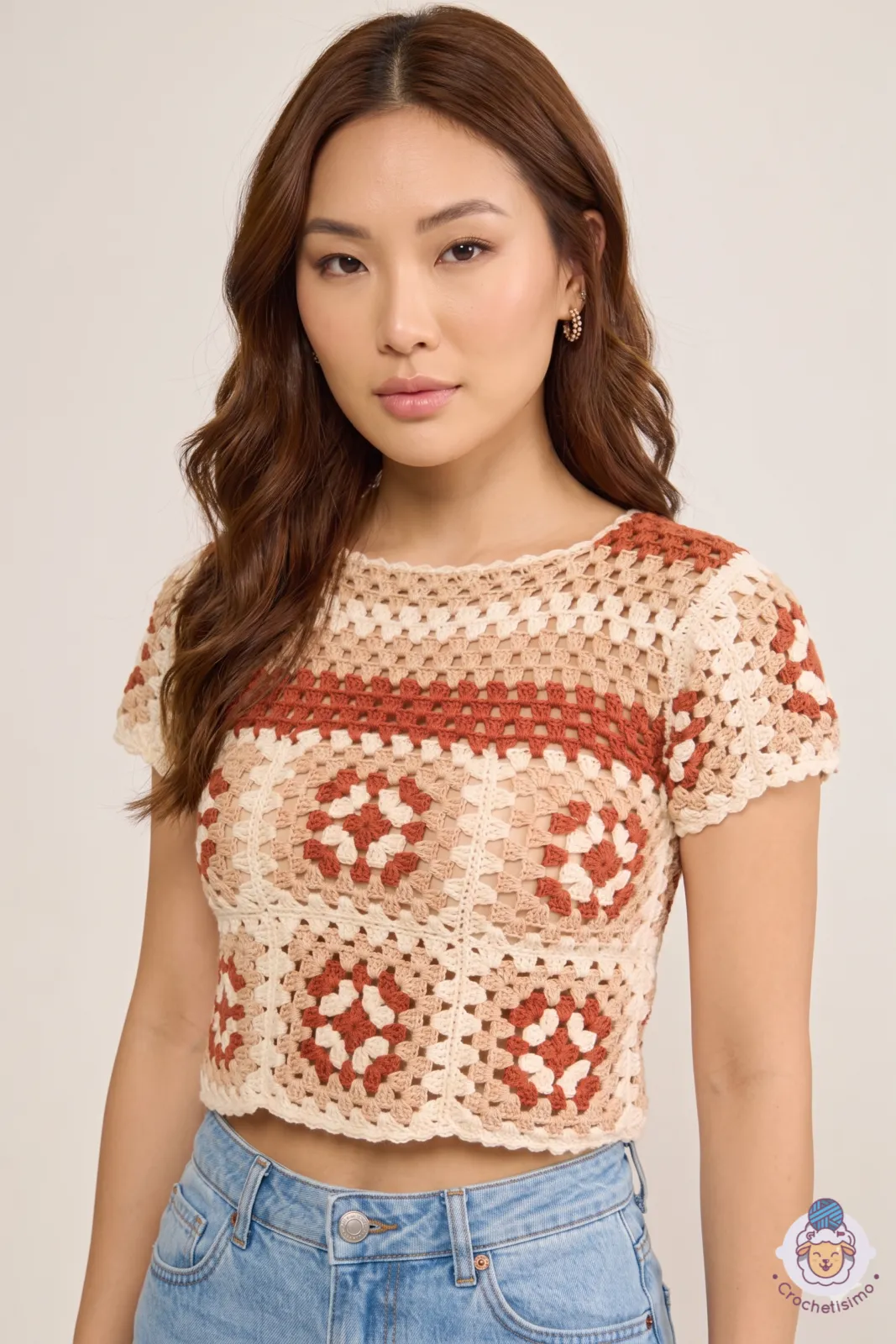 Teje Blusa Roxy con Cuadros de la Abuela (Patrón Gratis)
