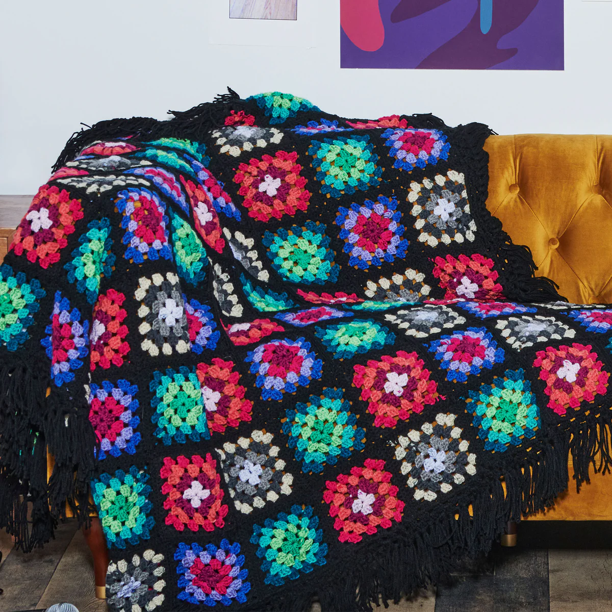 Teje Manta de Granny Retro con Flecos a Crochet (Patron  Gratis)