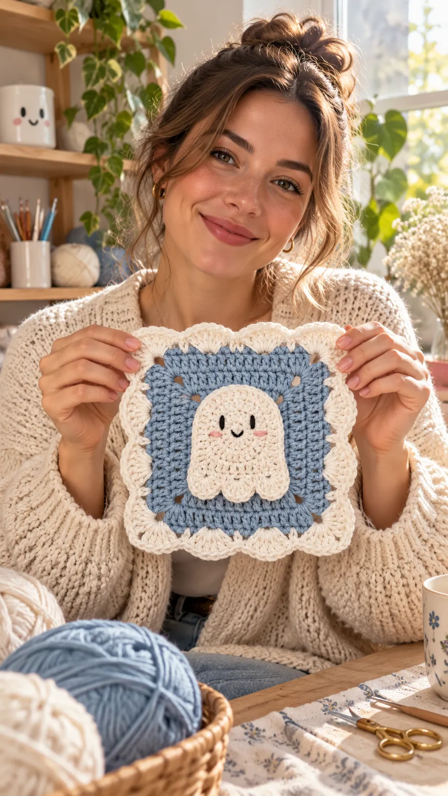 Teje el Cuadro Granny Fantasmita Kawaii a Crochet (Patrón Gratis