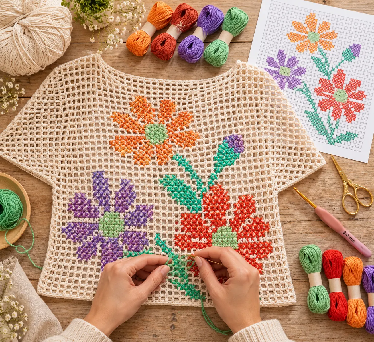 Domina la Técnica de Bordado en Punto Malla a Crochet PATRON